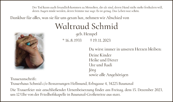 Todesanzeige von Waltraud Schmid von HNA