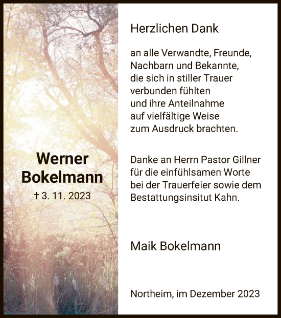 Todesanzeige von Werner Bokelmann von HNA