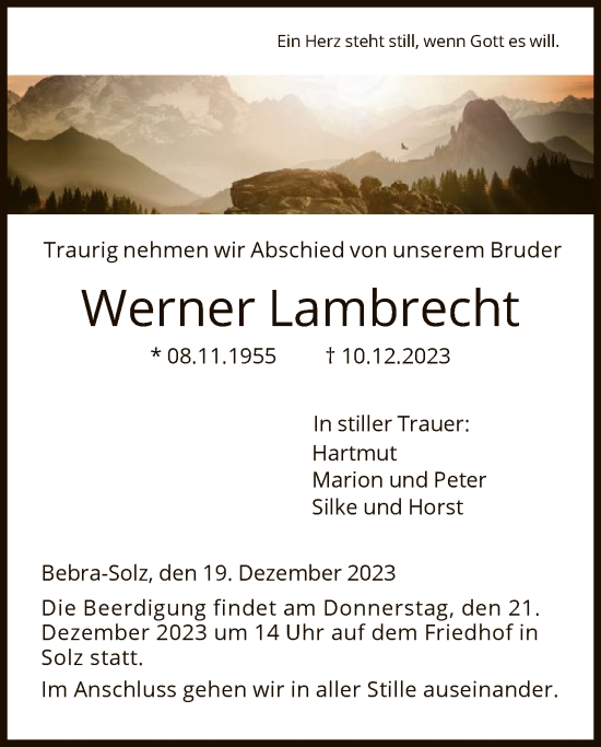 Todesanzeige von Werner Lambrecht von HNA