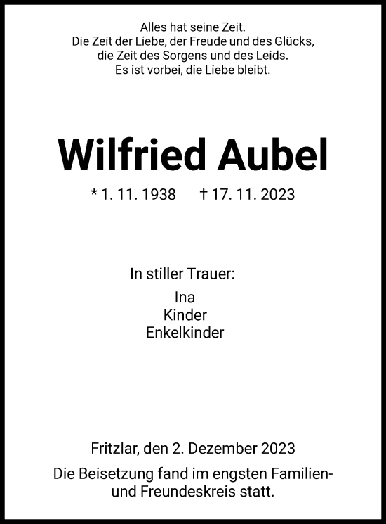 Todesanzeige von Wilfried Aubel von HNA