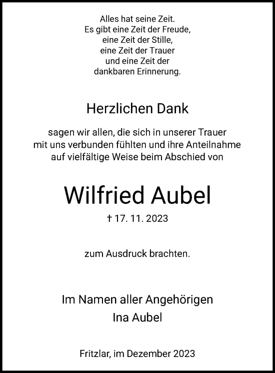 Todesanzeige von Wilfried Aubel von HNA