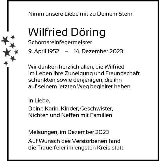 Todesanzeige von Wilfried Döring von HNAHZ