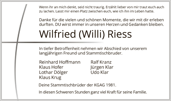 Todesanzeige von Wilfried  Riess von HNA