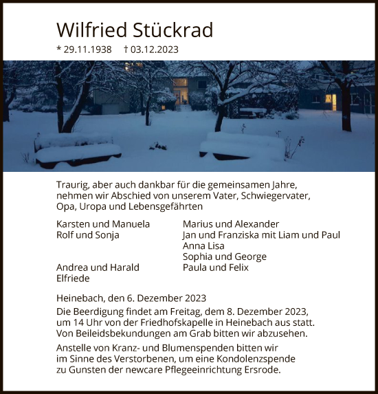 Todesanzeige von Wilfried Stückrad von HNAHNA