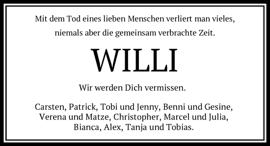 Todesanzeige von Willi  von HNA