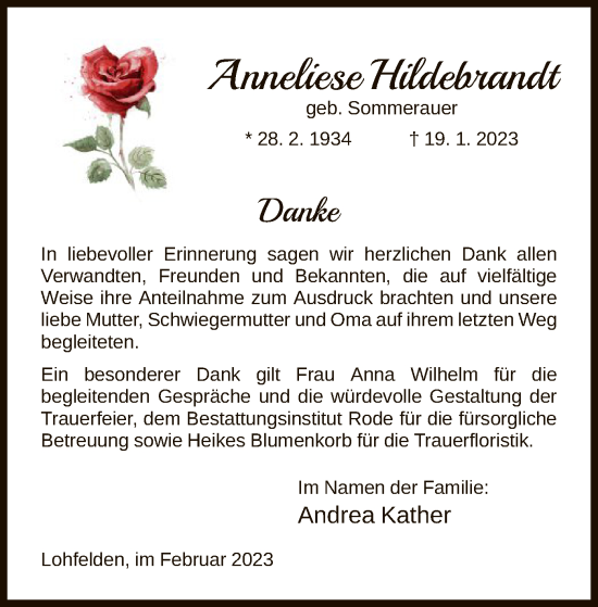Todesanzeige von Anneliese Hildebrandt von HNA