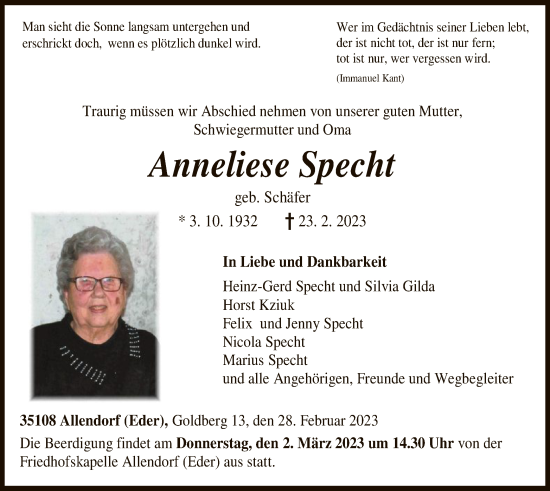 Todesanzeige von Anneliese Specht von HNA