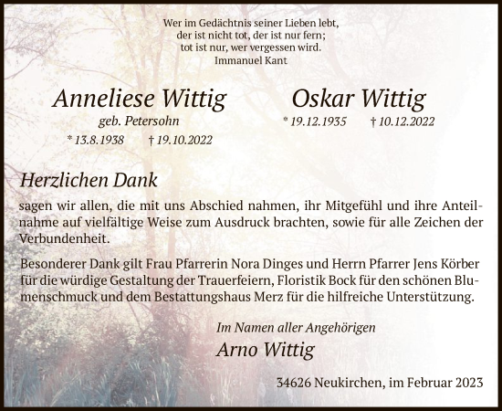 Todesanzeige von Anneliese und Oskar Wittig von HNA