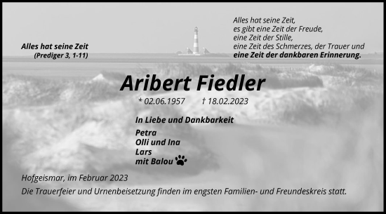 Todesanzeige von Aribert Fiedler von HNA