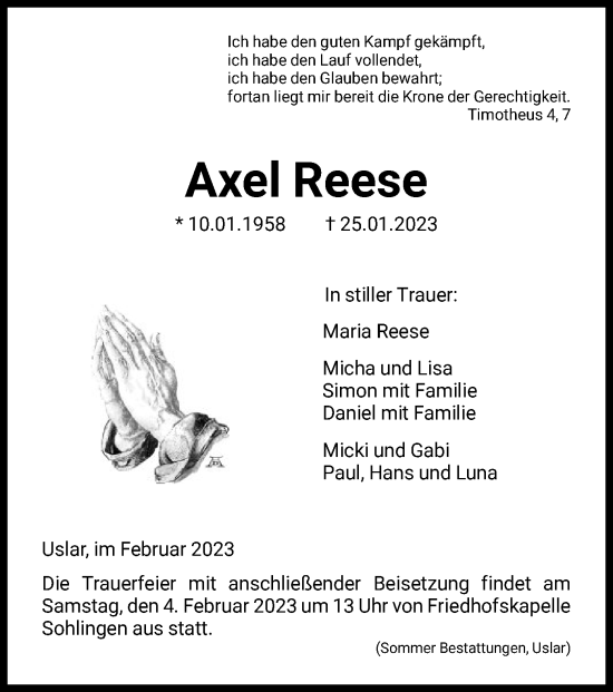 Todesanzeige von Axel Reese von HNA