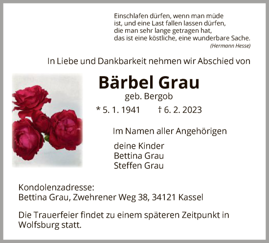Todesanzeige von Bärbel Grau von HNA