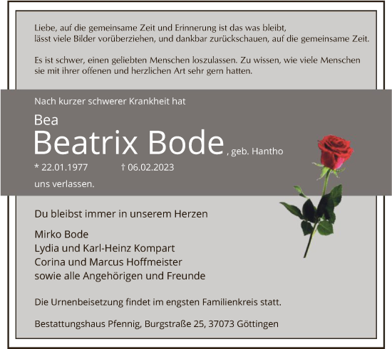 Todesanzeige von Beatrix Bode von HNA