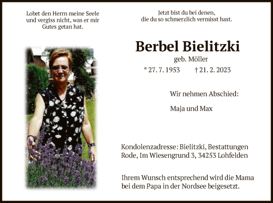 Todesanzeige von Berbel Bielitzki von HNA