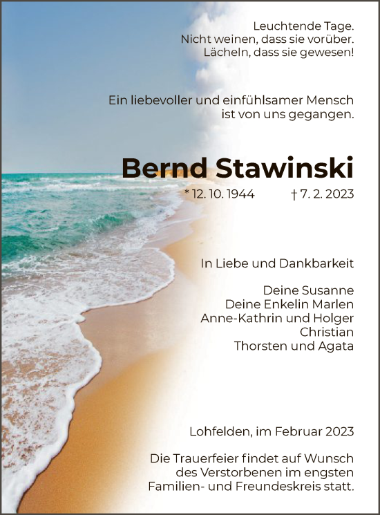 Todesanzeige von Bernd Stawinski von HNA