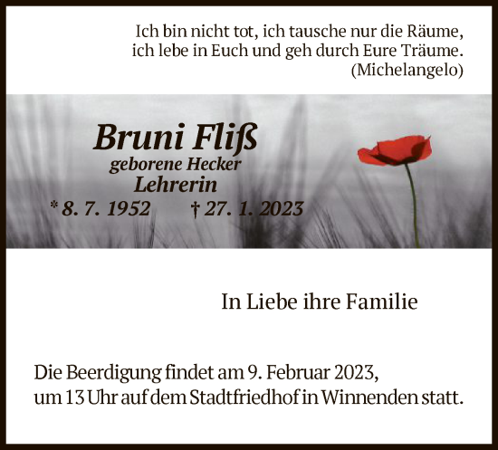 Todesanzeige von Bruni Fliß von HNA