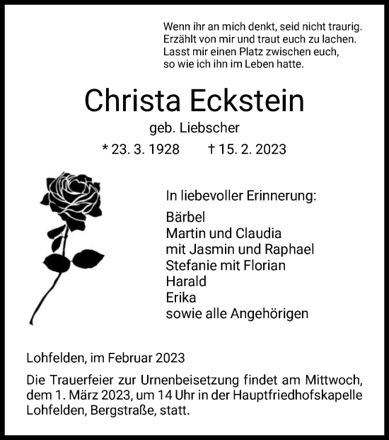 Todesanzeige von Christa Eckstein von HNA