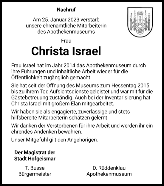 Todesanzeige von Christa Israel von HNA