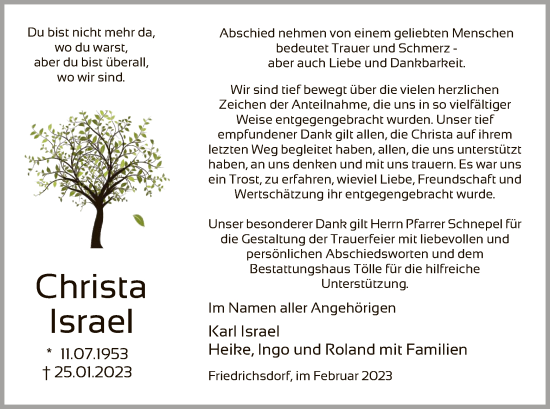 Todesanzeige von Christa Israel von HNA