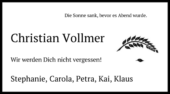 Todesanzeige von Christian Vollmer von HNA