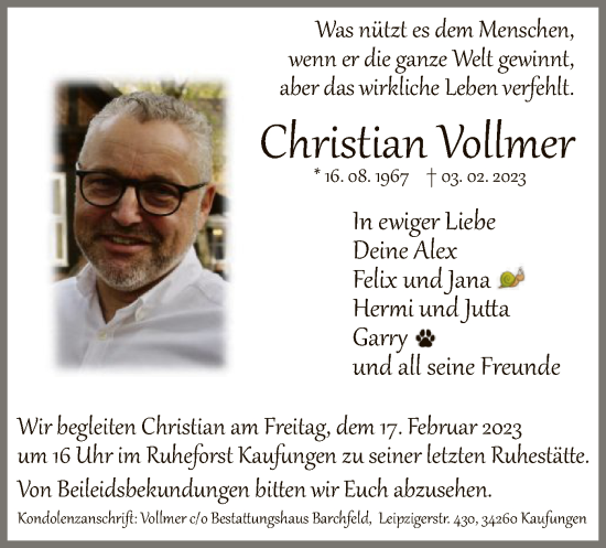 Todesanzeige von Christian Vollmer von HNA