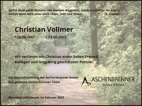 Todesanzeige von Christian Vollmer von HNA