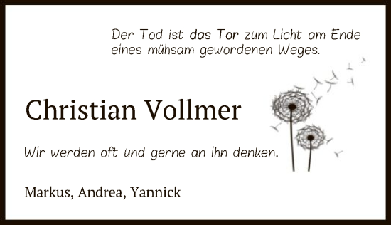 Todesanzeige von Christian Vollmer von HNA