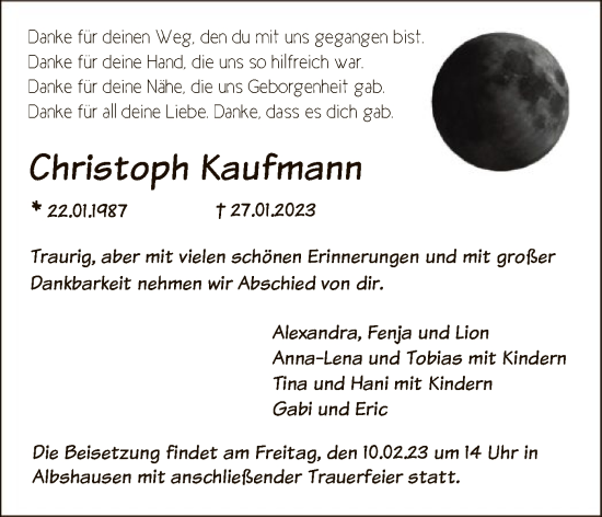 Todesanzeige von Christoph Kaufmann von HNA