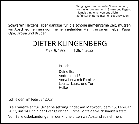 Todesanzeige von Dieter Klingenberg von HNA