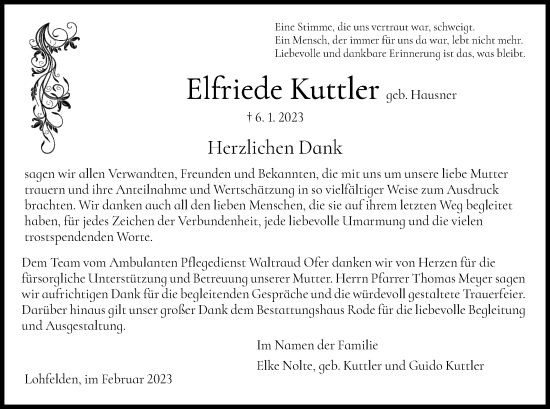 Todesanzeige von Elfriede Kuttler von HNA