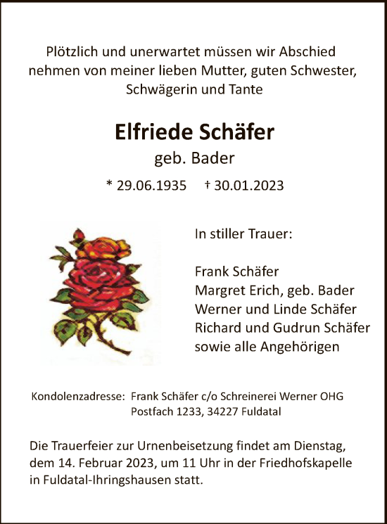 Todesanzeige von Elfriede Schäfer von HNA