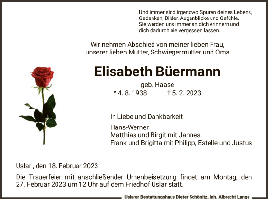 Todesanzeige von Elisabeth Büermann von HNA