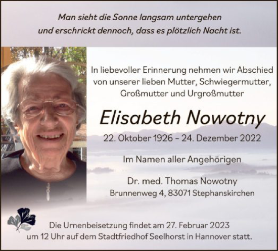 Todesanzeige von Elisabeth Nowotny von HNA