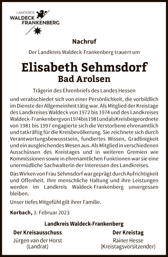 Todesanzeige von Elisabeth Sehmsdorf von WLZ
