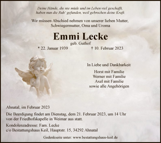 Todesanzeige von Emmi Lecke von HNA