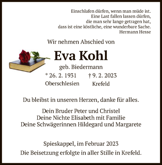 Todesanzeige von Eva Kohl von HNA