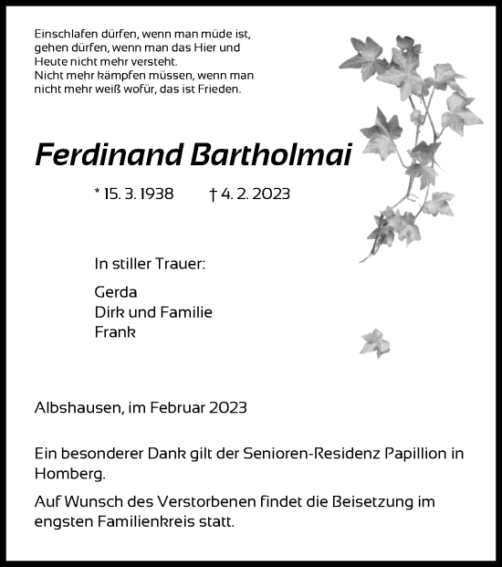 Todesanzeige von Ferdinand Bartholmai von HNA