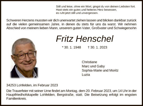 Todesanzeige von Fritz Henschel von HNA