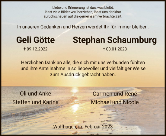 Todesanzeige von Geli und Stephan  von HNA