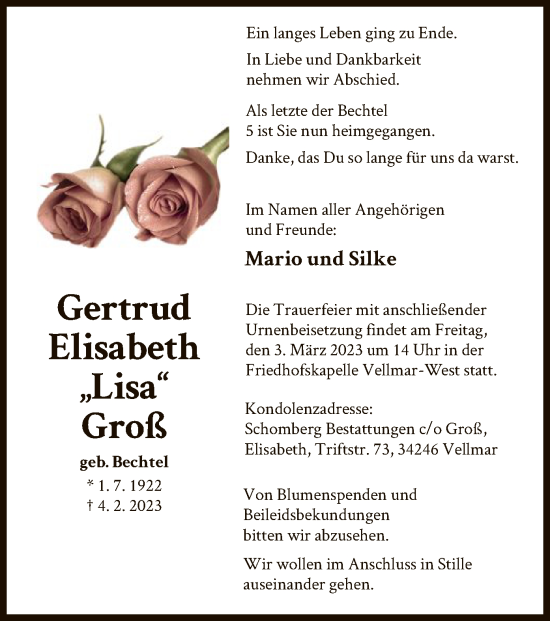 Todesanzeige von Gertrud Elisabeth Groß von HNA