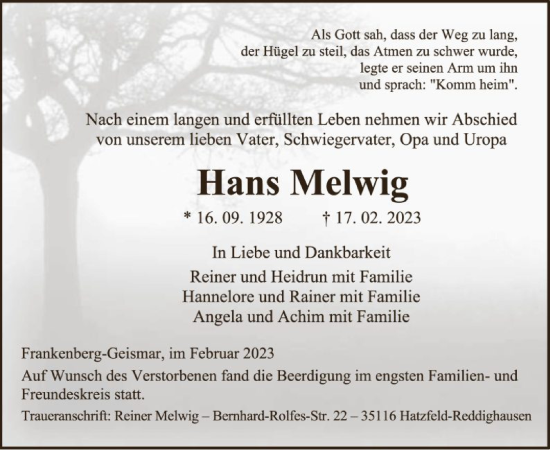 Todesanzeige von Hans Melwig von HNA