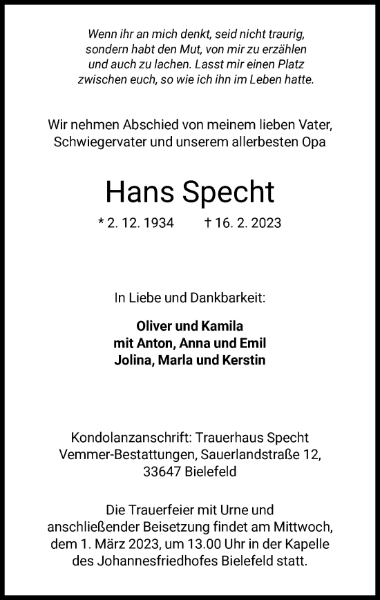 Todesanzeige von Hans Specht von HNA