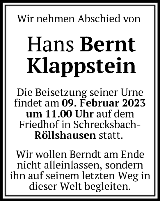 Todesanzeige von Hans Bernt Klappstein von HNA