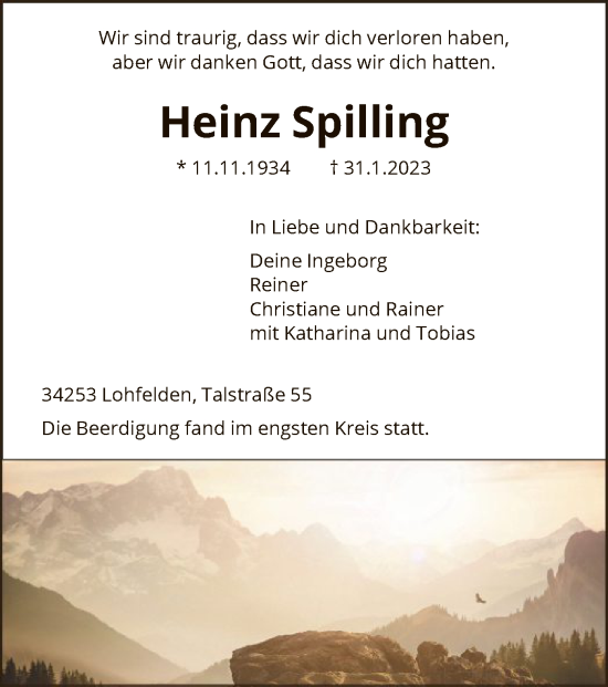 Todesanzeige von Heinz Spilling von HNA