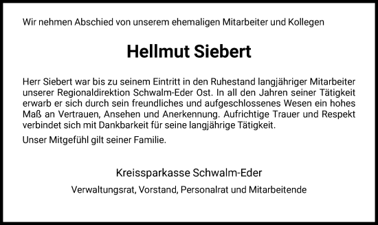 Todesanzeige von Hellmut Siebert von HNA