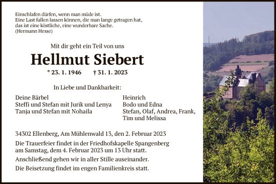 Todesanzeige von Hellmut Siebert von HNA