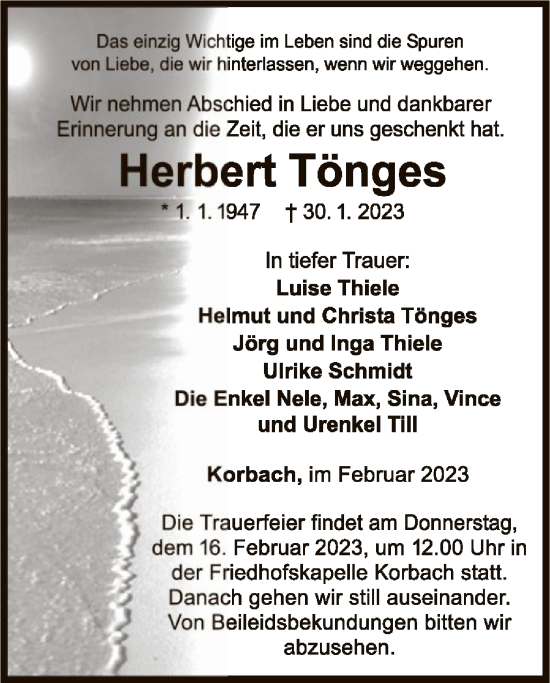 Todesanzeige von Herbert Tönges von WLZ