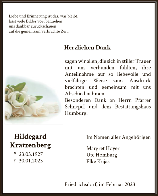 Todesanzeige von Hildegard Kratzenberg von HNA