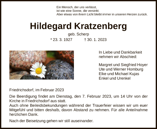 Todesanzeige von Hildegard Kratzenberg von HNA