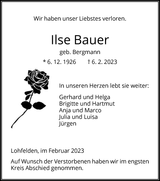 Todesanzeige von Ilse Bauer von HNA