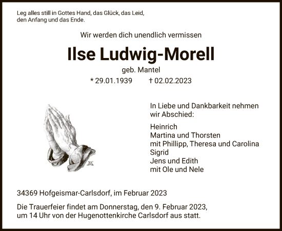 Todesanzeige von Ilse Ludwig-Morell von HNA